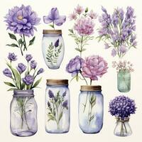 ai généré collection de aquarelle le maçon pots avec violet fleurs clipart. ai généré photo