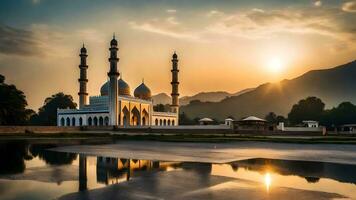 ai généré calme horizon de islamique mosquée la grâce au milieu de la nature palette photo