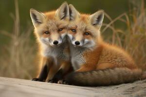 ai généré sauvage bébé rouge renards câlins à le plage. génératif ai photo