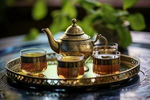 ai généré traditionnel marocain thé ensemble avec décoratif théières, lunettes, et menthe feuilles. génératif ai photo