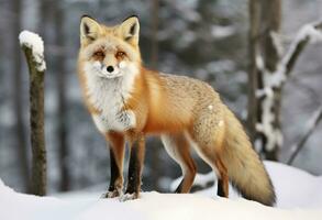 ai généré rouge Renard permanent sur neige. ai généré. photo