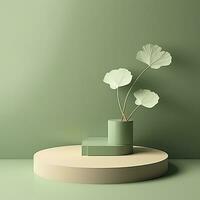 ai généré vide podium avec ginkgo biloba feuilles et ombres sur pastel vert Contexte. ai généré. photo