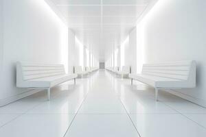 ai généré intérieur conception de une moderne luxueux blanc bâtiment couloir ou couloir avec attendre siège. ai généré photo