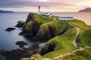 ai généré Skye île nid point phare dans montagnes. ai généré photo