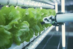 ai généré automatique agricole La technologie avec fermer vue de robotique bras récolte salade dans verticale hydroponique plante. ai généré photo