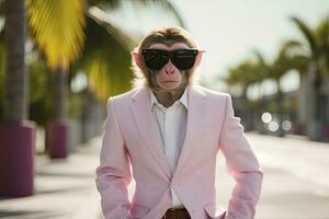 ai généré une singe est portant des lunettes de soleil, costume et permanent sur rue. ai généré photo