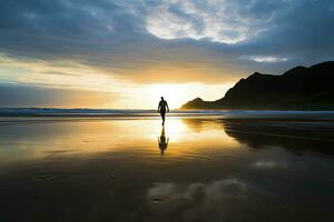 ai généré une la personne en marchant sur le plage à le coucher du soleil. ai généré. photo