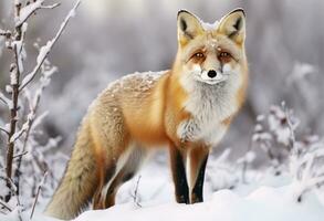 ai généré rouge Renard permanent sur neige. ai généré. photo