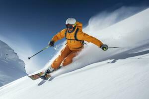 ai généré skieur ski sur Montagne pente. ai généré photo