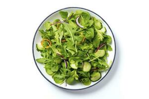 ai généré en bonne santé Frais vert salade assiette coup de au dessus sur blanc Contexte. ai généré photo