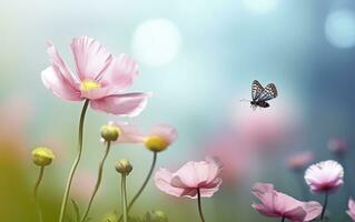 ai généré Frais printemps Matin sur la nature et flottant papillons sur une doux vert Contexte. génératif ai photo