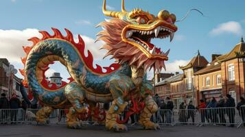 ai généré chinois dragon en dessous de une brillant ciel. ai généré photo