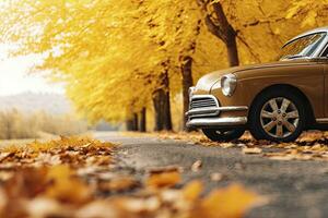 ai généré voiture sur asphalte route sur un l'automne journée à le parc. ai généré photo