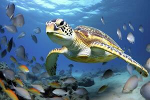 ai généré tortue fermer avec école de poisson. ai généré photo