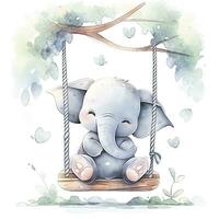 ai généré mignonne content bébé l'éléphant sur oscillations dans le arbre dans aquarelle. ai généré photo