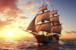 ai généré pirate navire voile sur le océan à le coucher du soleil. ancien croisière. ai généré photo