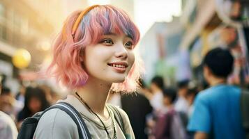 ai généré coloré cheveux permanent en dehors dans une foule photo