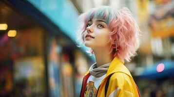 ai généré la personne avec rose cheveux et Jaune veste photo