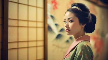 ai généré femme dans kimono regarder en dehors de fenêtre photo
