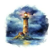 ai généré phare à côté de le mer à nuit. aquarelle pour T-shirt conception. ai généré photo