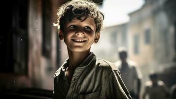 ai généré Jeune garçon souriant dans le rue photo