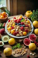 ai généré une coloré assortiment de Frais des fruits et des noisettes arrangé sur une rustique en bois table photo