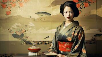 ai généré élégant femme dans une kimono en portant une assiette de nourriture photo