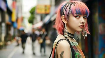 ai généré aux cheveux roses femme avec piercings sur une ville rue photo