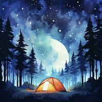ai généré une camping tente dans le forêt avec nuit ciel, aquarelle pour T-shirt conception. ai généré photo