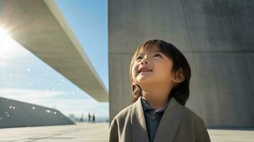 ai généré peu fille pose dans de face de majestueux Urbain architecture photo