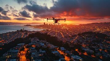 ai généré aérien vue avec drone de le ville à le coucher du soleil. photo