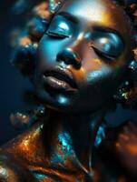 ai généré proche en haut portrait de une magnifique modèle avec incroyable coloré maquillage photo