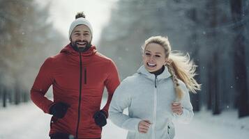 ai généré actif couple fonctionnement ensemble dans hiver neige photo