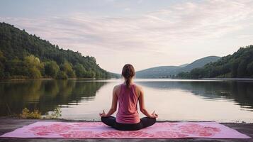 ai généré Jeune adulte femme méditer à le coucher du soleil par le Lac photo