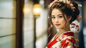 ai généré une femme orné avec une délicat fleur couronne photo