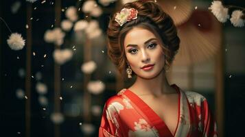 ai généré femme dans rouge et blanc kimono avec fleur dans cheveux photo