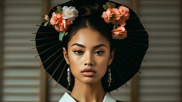 ai généré femme avec noir parapluie et fleuri cheveux photo