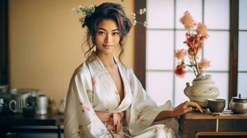 ai généré une serein femme dans une kimono admiratif une dessus de la table bouquet photo