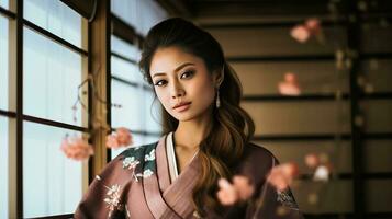 ai généré femme dans kimono regarder en dehors fenêtre photo