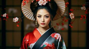 ai généré femme portant kimono avec fleur dans cheveux photo