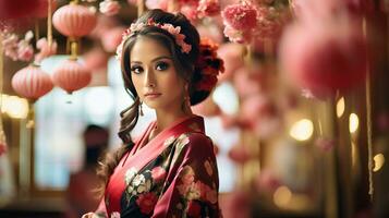 ai généré une femme dans une kimono parmi rose lanternes à une Festival photo