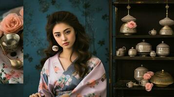 ai généré femme dans une kimono en remuant une pot avec une cuillère photo