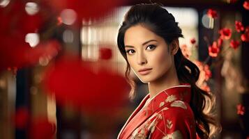 ai généré femme dans rouge kimono pose pour le caméra photo