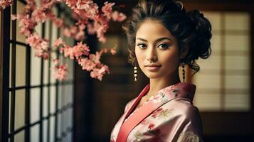 ai généré femme dans kimono des stands gracieusement par fenêtre photo