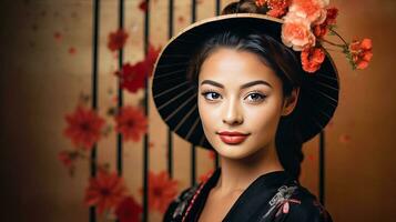 ai généré femme avec floral chapeau photo