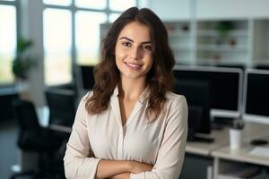 ai généré portrait de affaires femme dans le Bureau photo