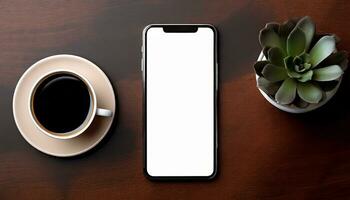 ai généré mobile téléphone moquer en haut sur marron surface avec plante et café tasse photo