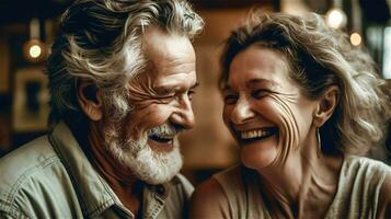 ai généré une retraité couple mettre leur têtes ensemble et Pouffer de rire chaleureusement et dans l'amour photo