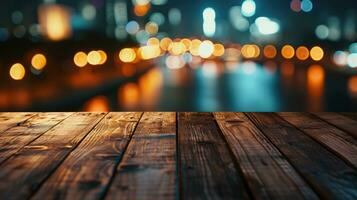 ai généré Vide bois dessus de la table avec flou nuit ville horizon et rivière, vitrine, vie nocturne, photo