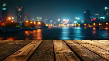 ai généré Vide bois dessus de la table avec flou nuit ville horizon et rivière, vitrine, vie nocturne, photo